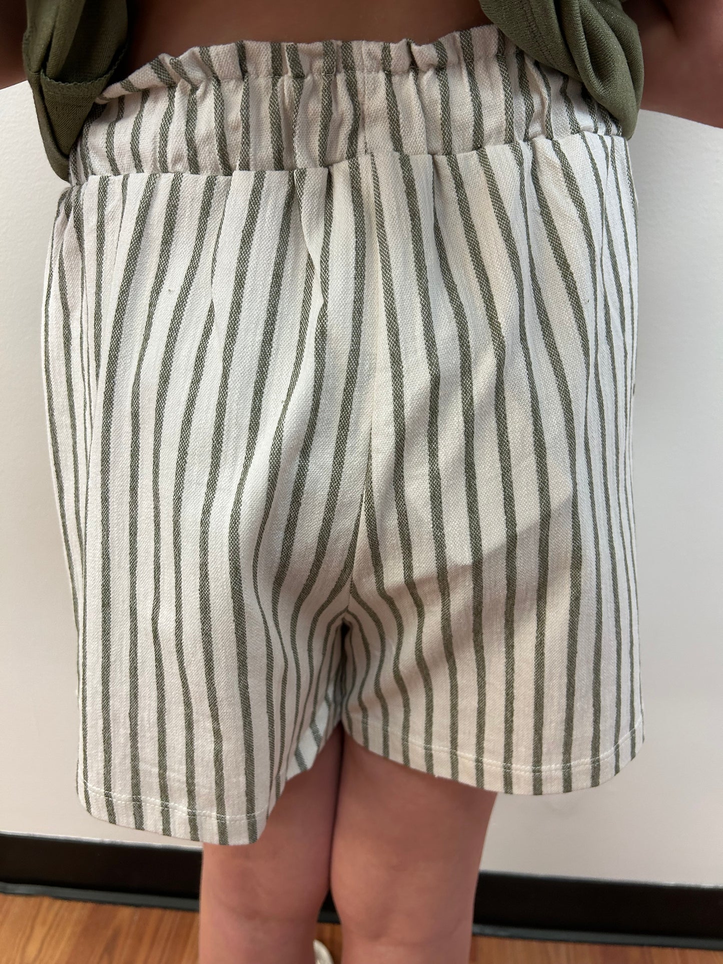 May Girls Olive Stripe Elastic Waist Shorts