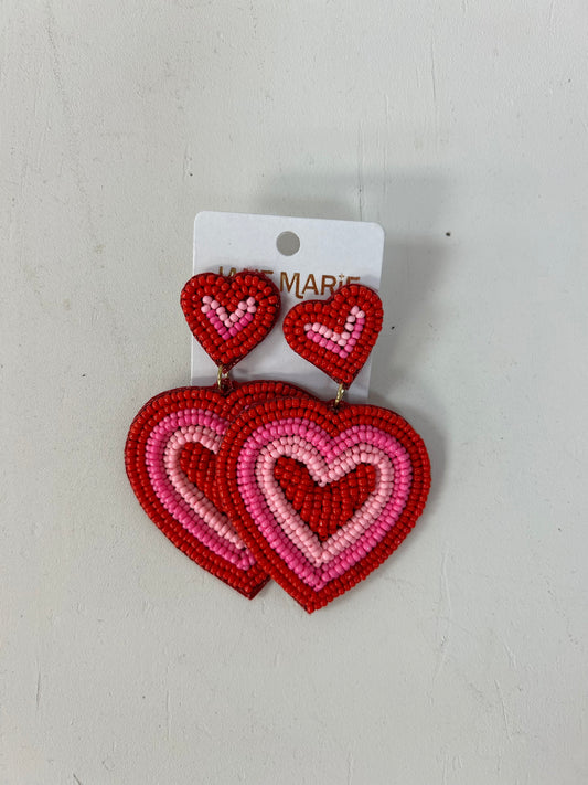 JM- Red & Pink Beaded Heart Earrings