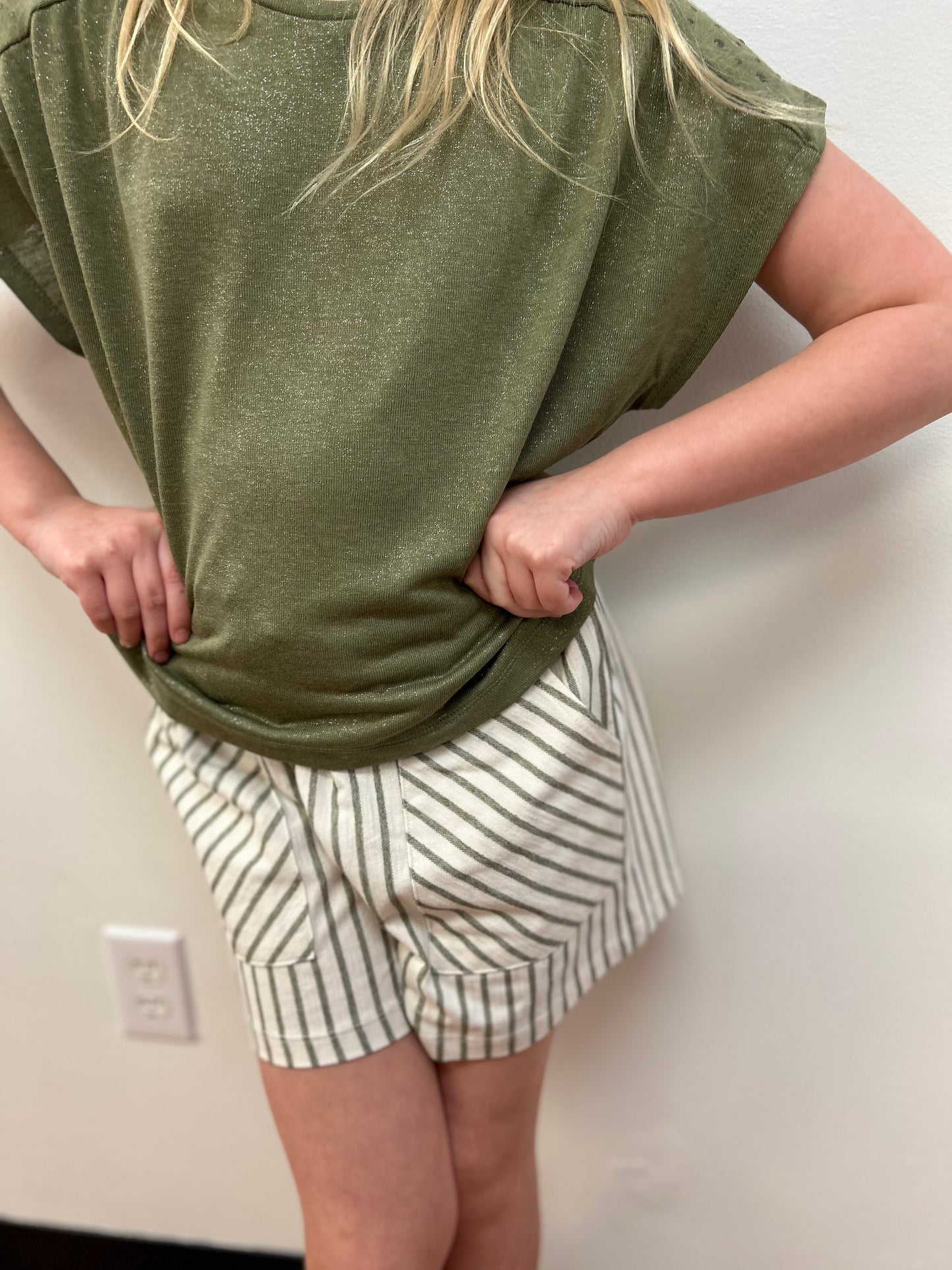 May Girls Olive Stripe Elastic Waist Shorts