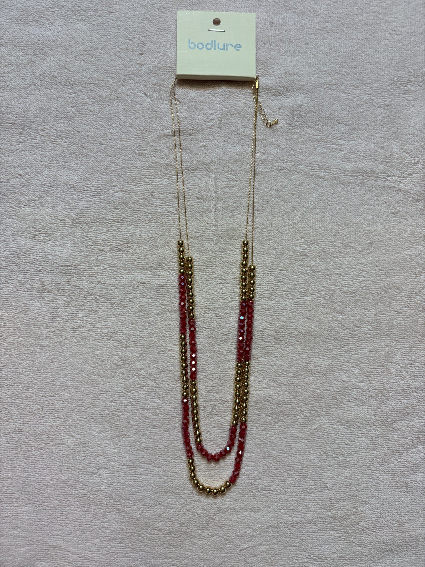 MK-Iridescent Red and Gold Beads on Gold Chain