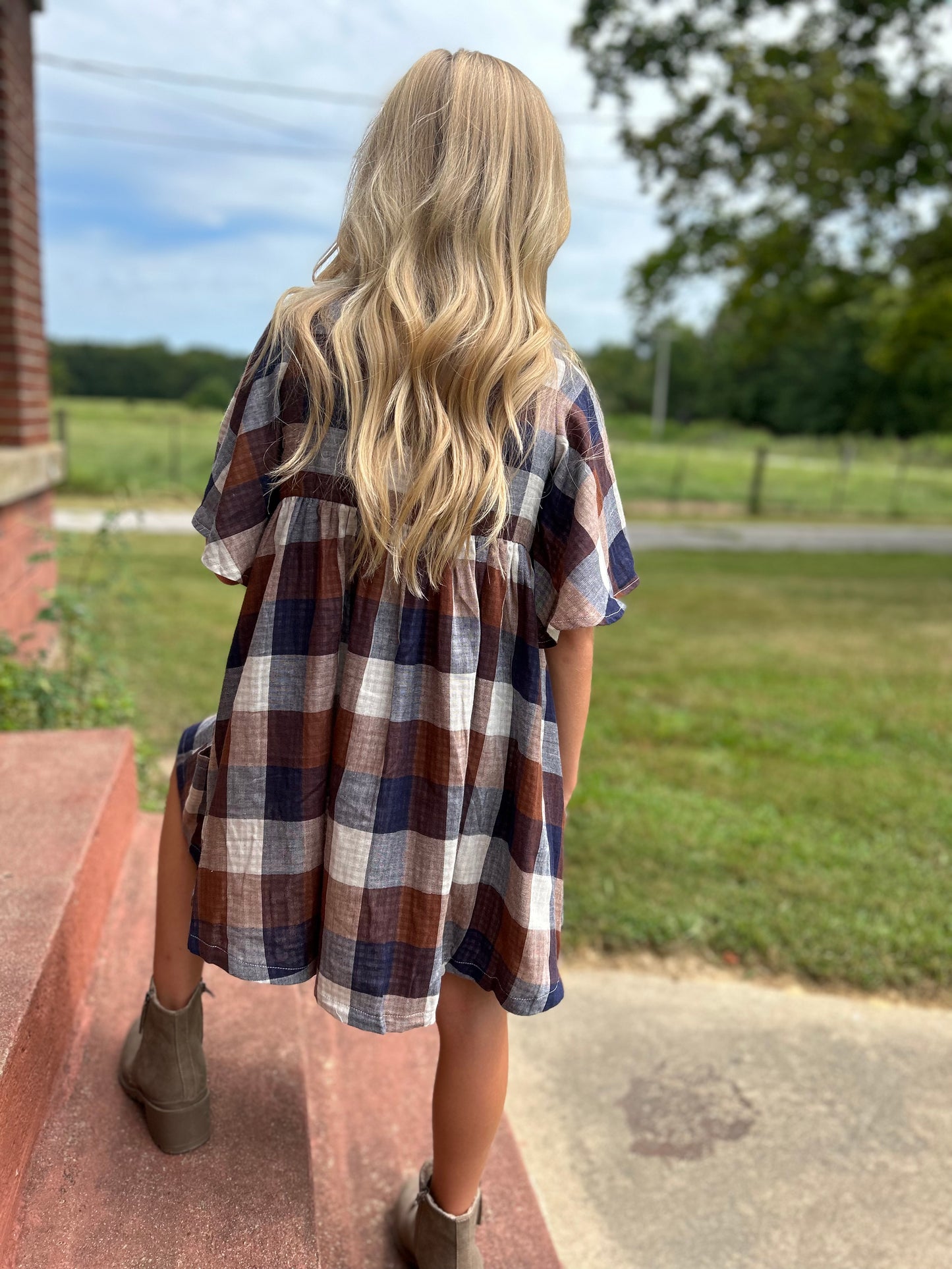 Vig-Girls Blue and Brown Plaid Pocket Dress