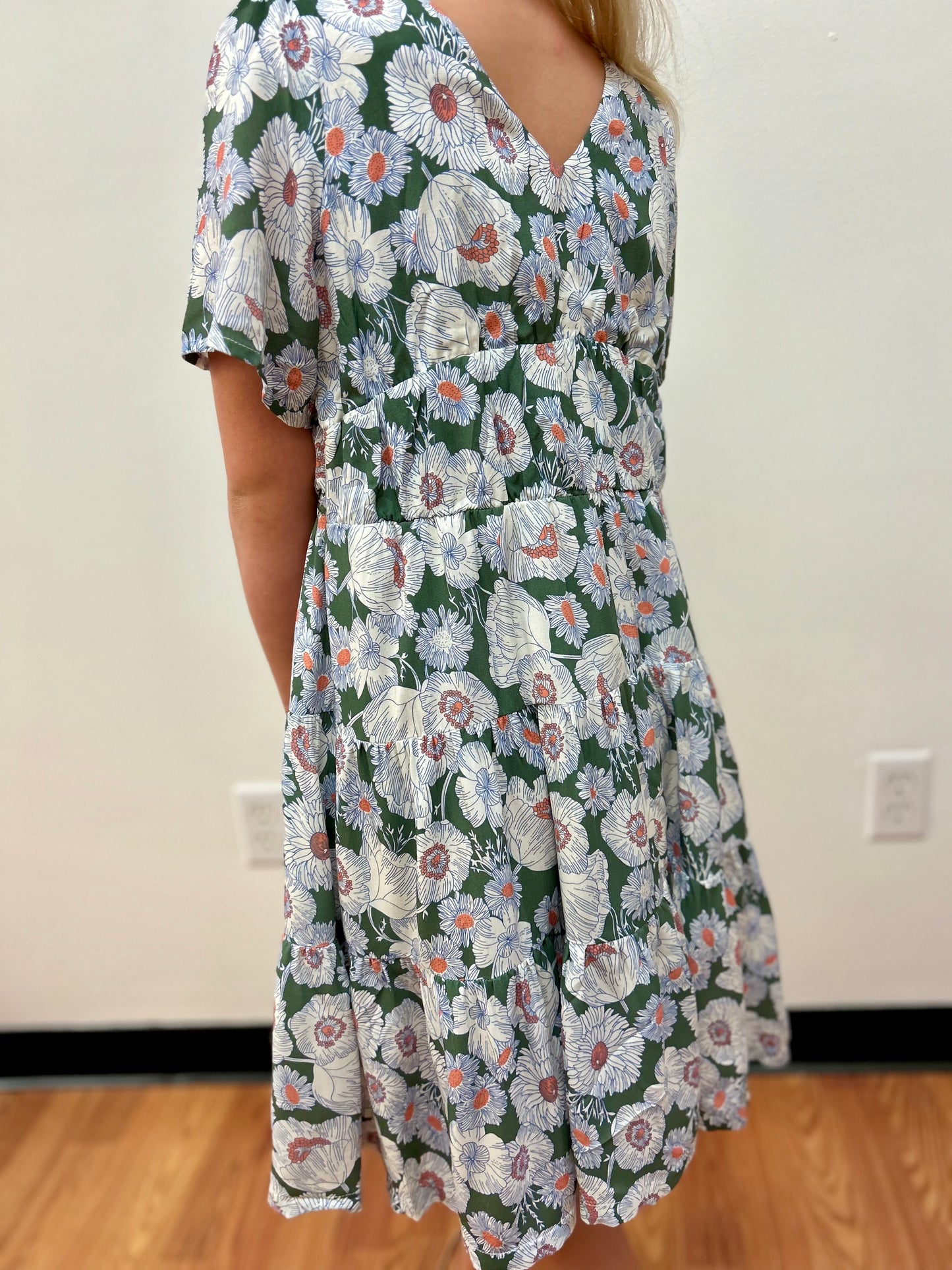 Vignette Floral on Olive Double V Neck Dress