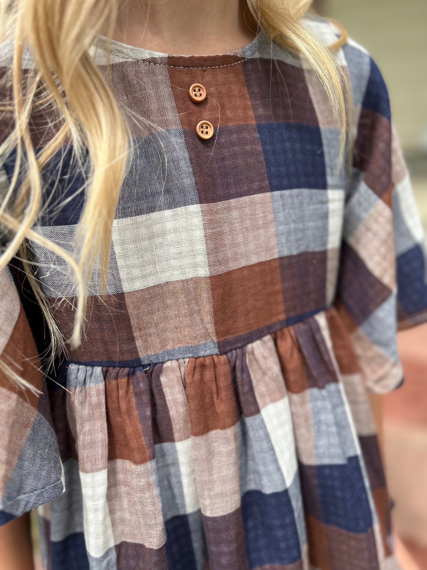 Vig-Girls Blue and Brown Plaid Pocket Dress