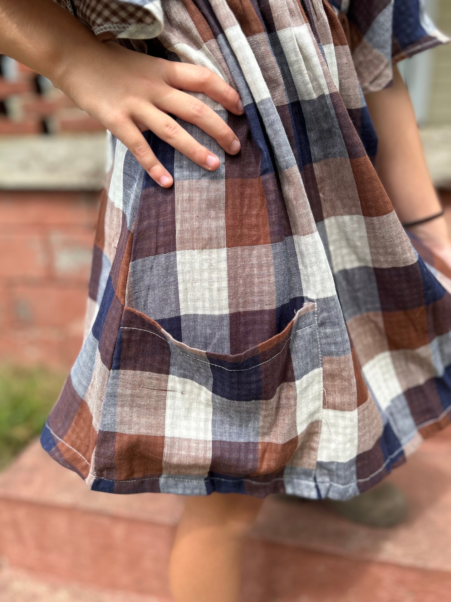 Vig-Girls Blue and Brown Plaid Pocket Dress