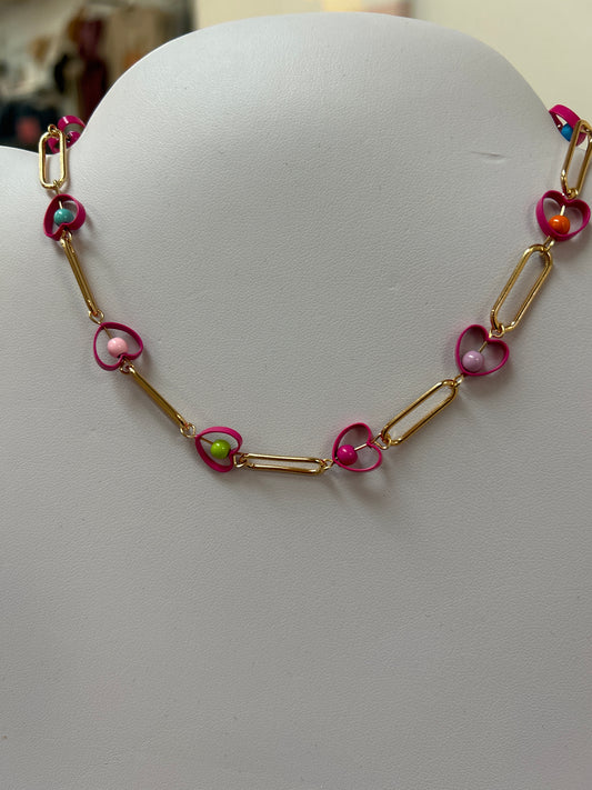 JM-Gold Paperclip Links with Hot Pink Hearts Necklace