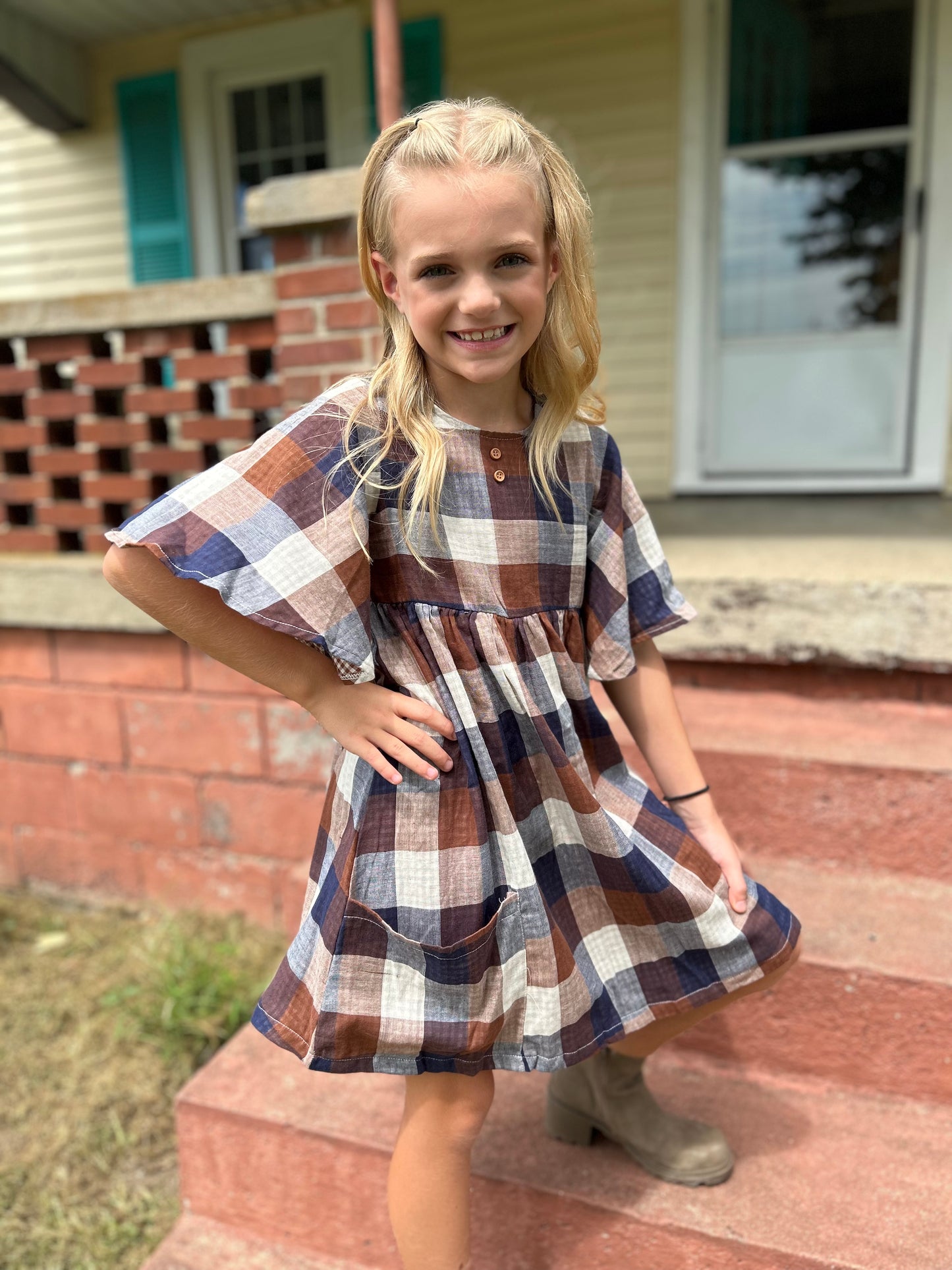 Vig-Girls Blue and Brown Plaid Pocket Dress