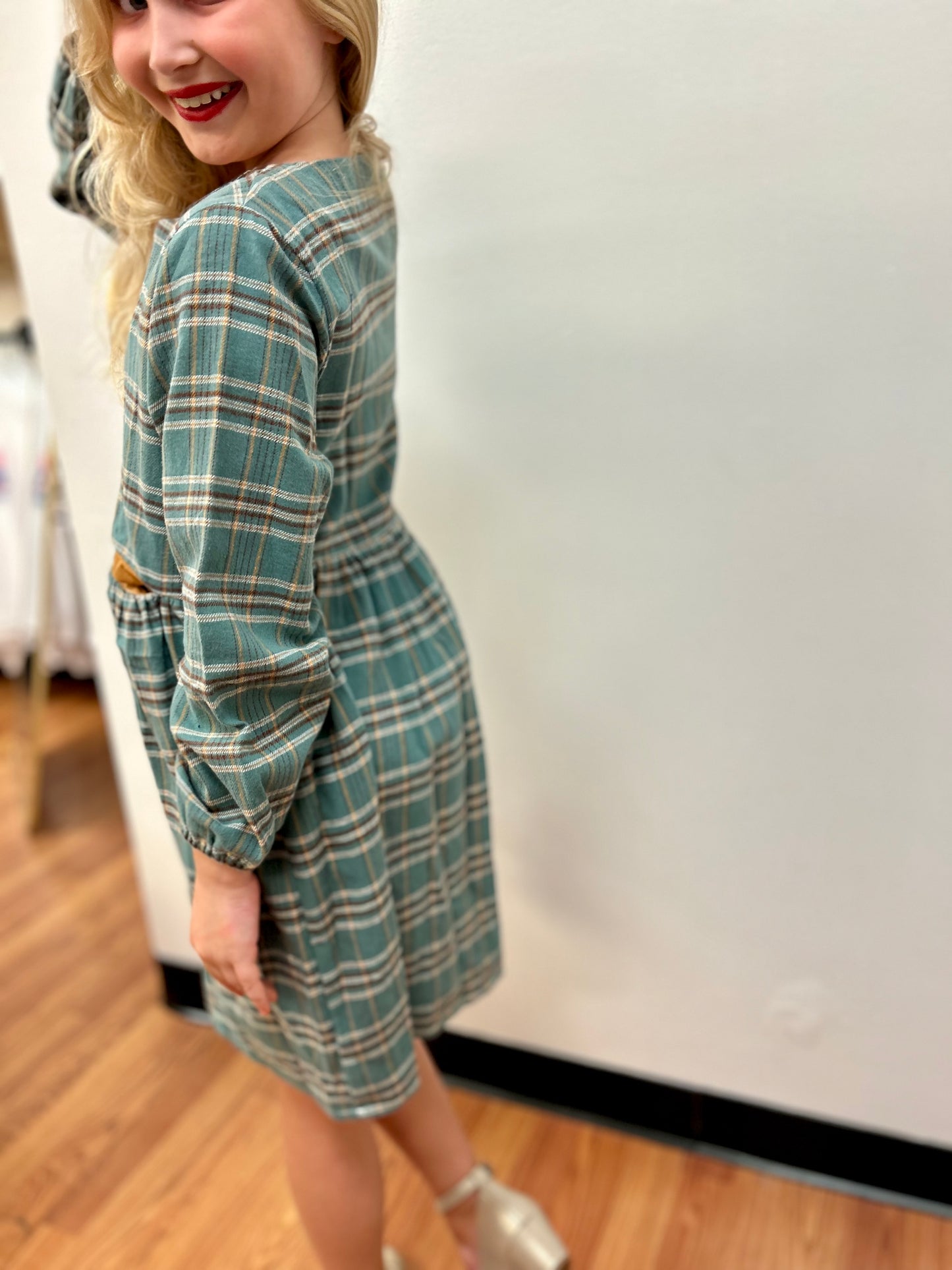 Vignette Sage Plaid Flannel Dress