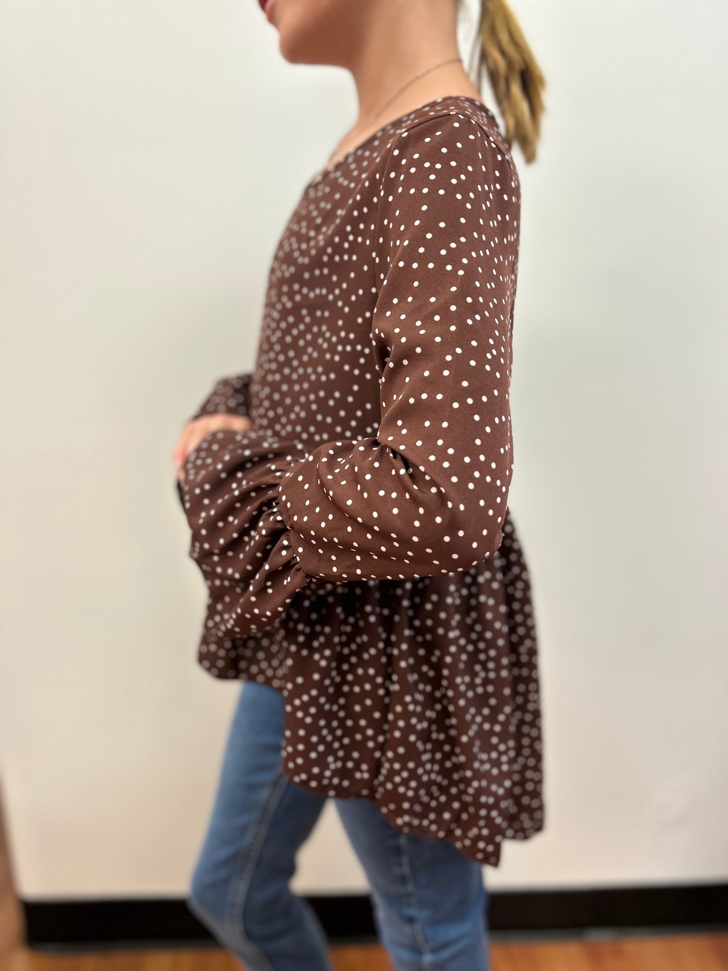 OD-Girls Brown Polka Dot Hi Lo Ruffle Top