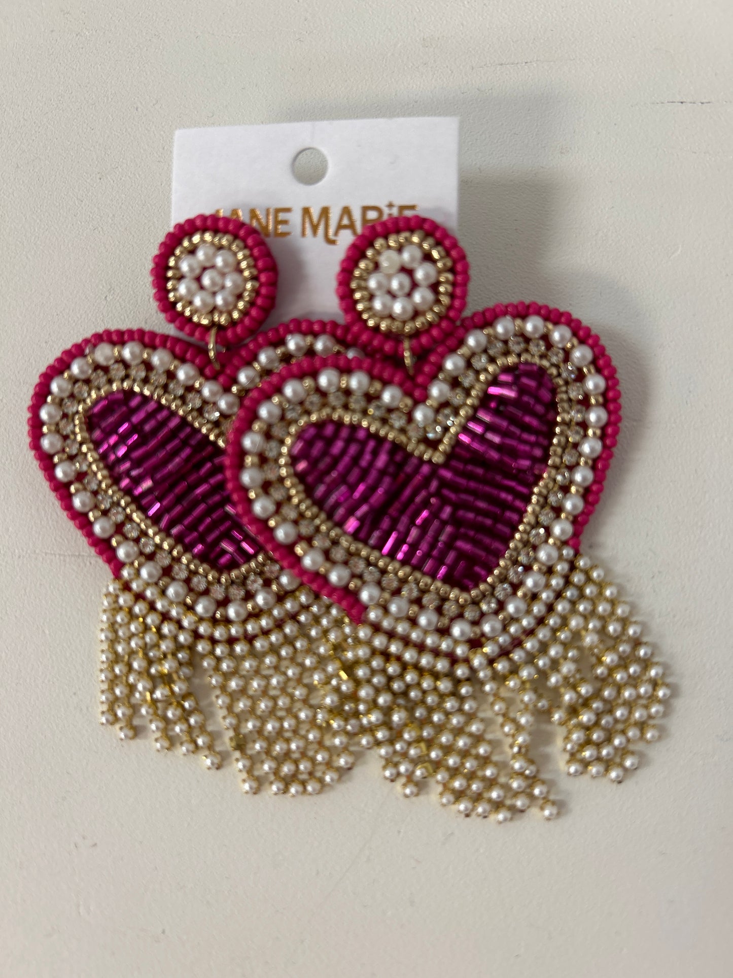 JM-Beaded Post and Heart with Pearl Tassel Earrings