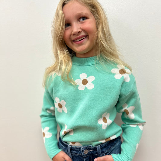 OD - Girls Mint Flower Crew Neck Sweater