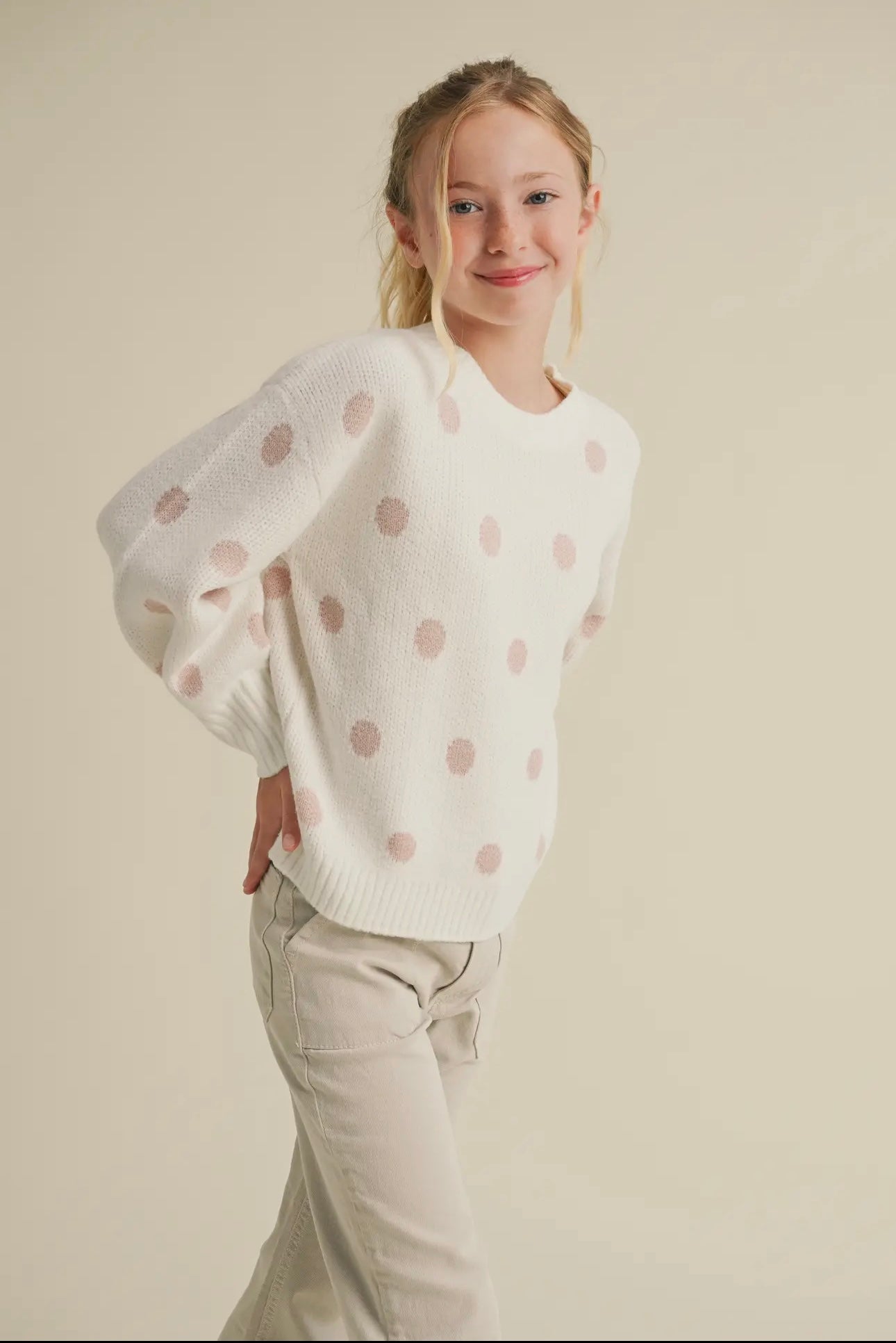 H & A Tween Girls Crew Neck Dot Sweater