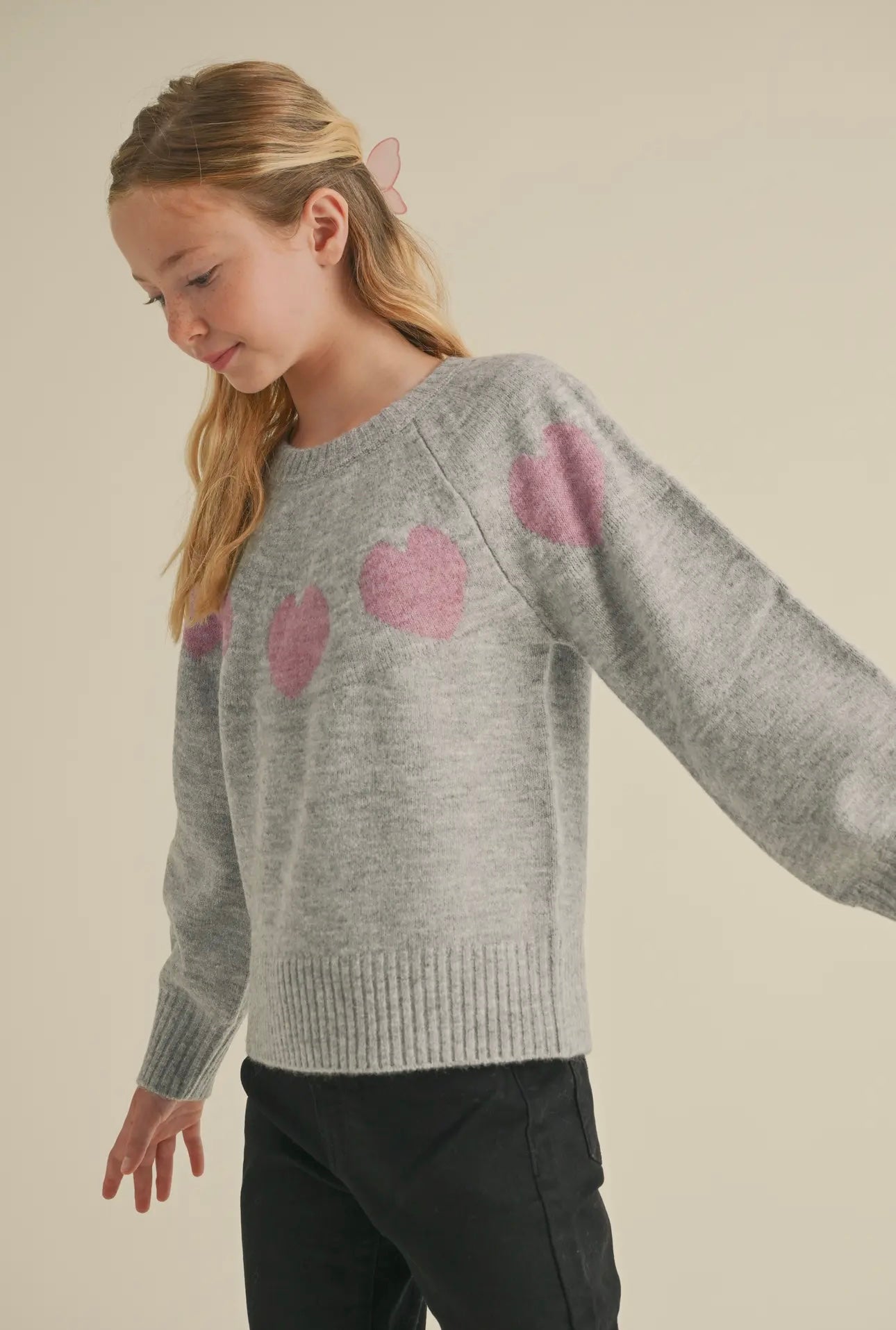 H & A Tween Girls Crew Neck Raglan Heart Sweater