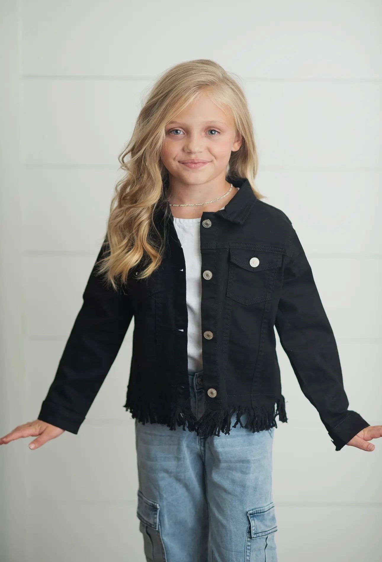 OD - Girls Black Denim Fringe Bottom Jacket