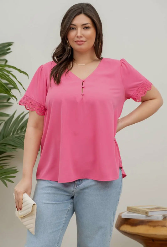 v neck lace trim sleeve color pink