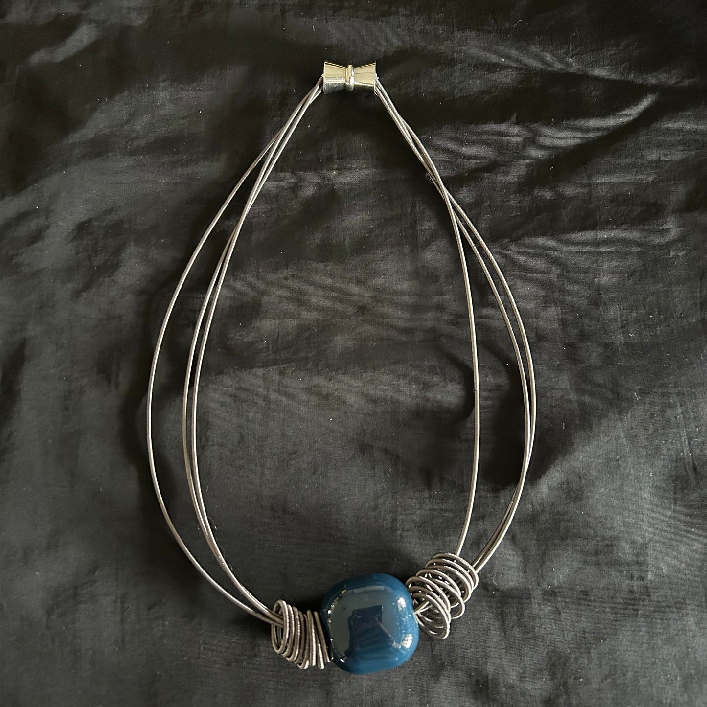 SL-Grey Corded Necklace With Blue Accent