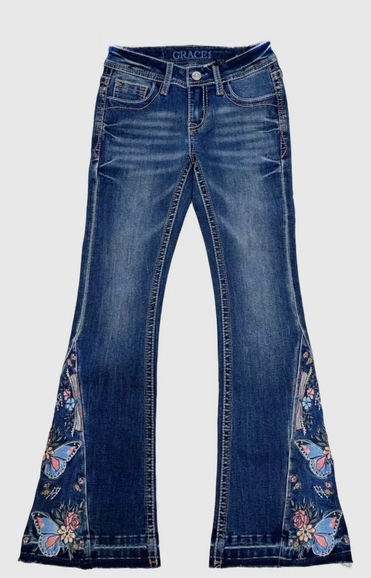 GLA-Girls Butterflies and Floral Embroidered Flare Jeans