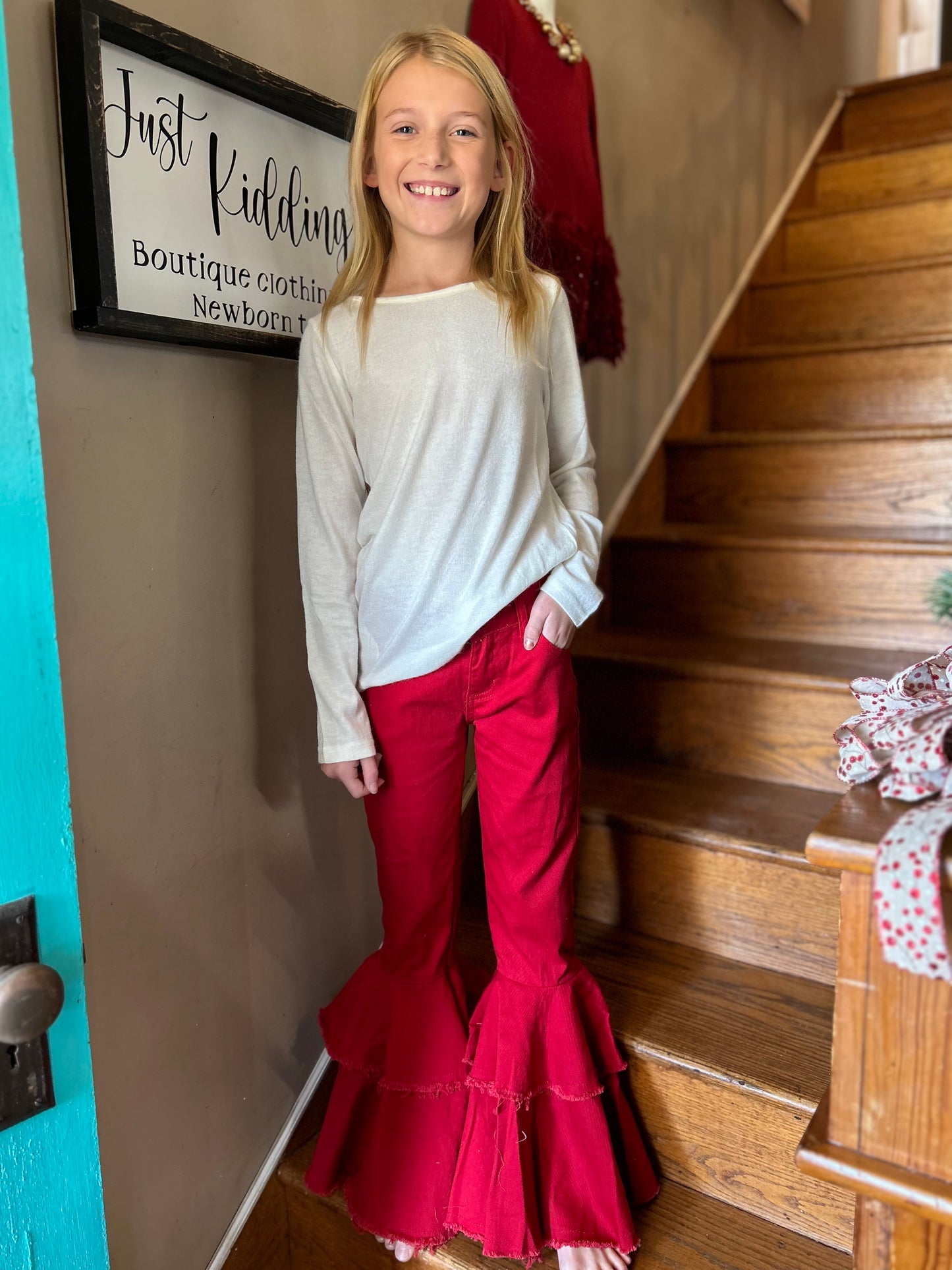 ML- Girls Red Ruffle Hemmed Jeans