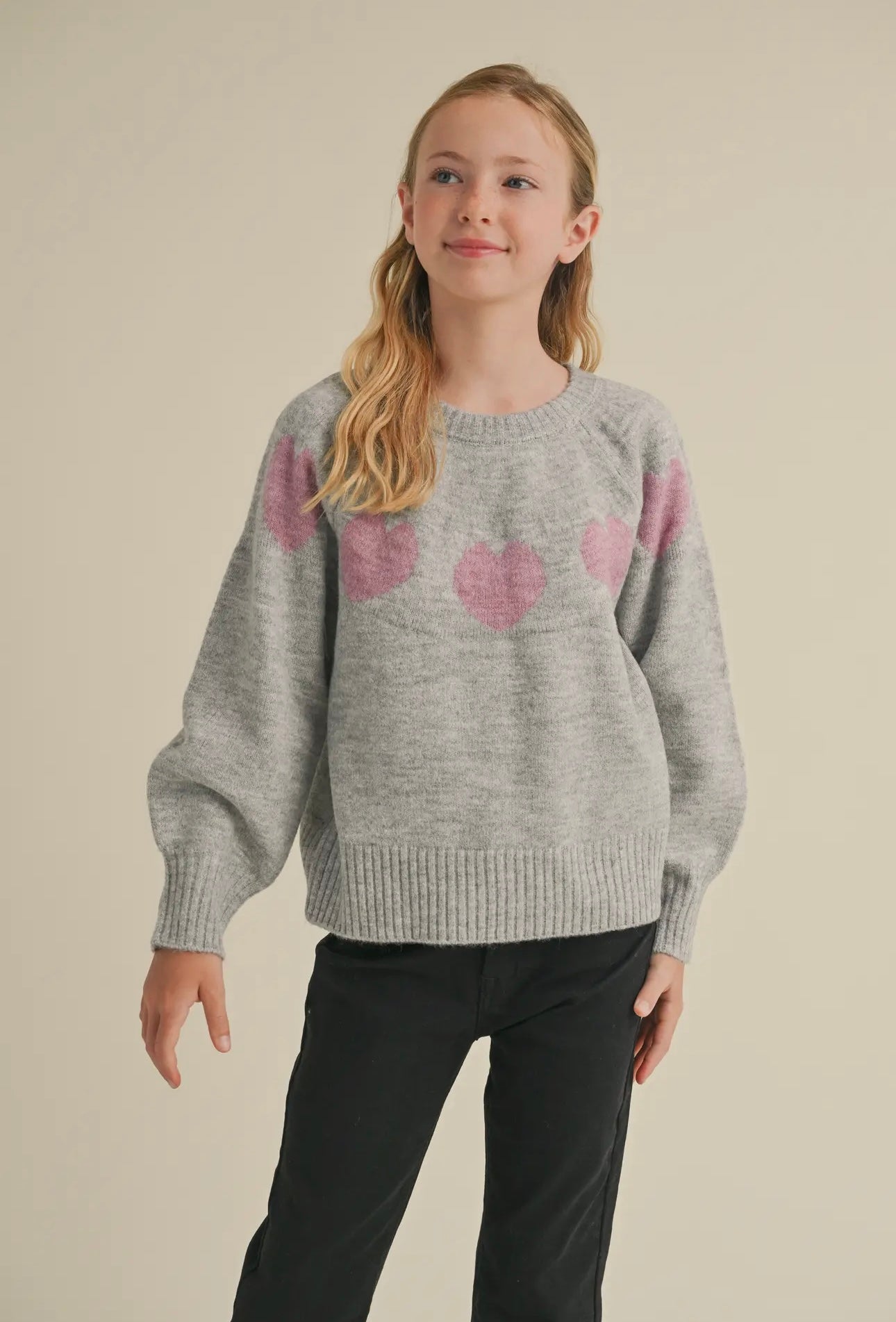 H & A Tween Girls Crew Neck Raglan Heart Sweater